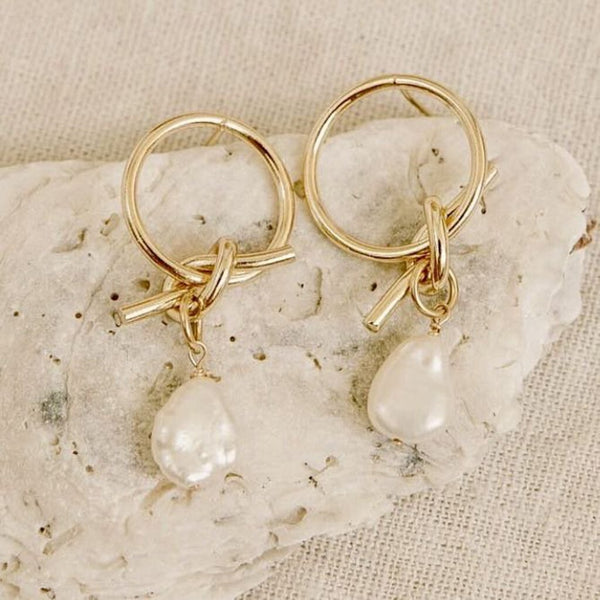 Wander + Lust Lennon Keshi Pearl & Gold Plate Knot Drop Earrings