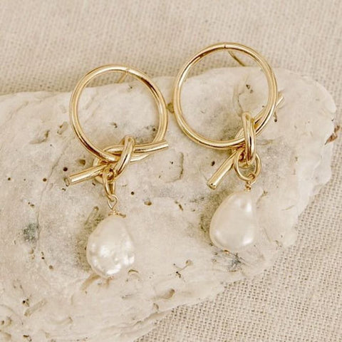Wander + Lust Lennon Keshi Pearl & Gold Plate Knot Drop Earrings