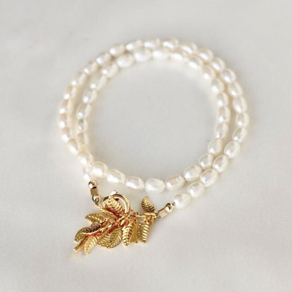 Katie Waltman Celeste Rice Pearl Leaf Cluster Double Wrap Bracelet