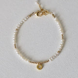 Katie Waltman Freshwater Rice Pearls & Gold Beads CZ Star Charm Medallion Bracelet