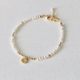 Katie Waltman Freshwater Rice Pearls & Gold Beads CZ Star Charm Medallion Bracelet