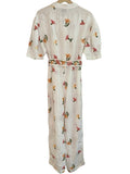 *NWT Hannah Jaya Linen Embroidered Puff Sleeve Button Split Neck Belted Jumpsuit, Size H2=USM)