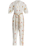 *NWT Hannah Jaya Linen Embroidered Puff Sleeve Button Split Neck Belted Jumpsuit, Size H2=USM)