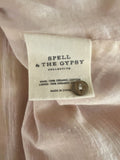 *Spell Utopia Cotton Floral Blockprint Puff Sleeve Tie Split Neck Button-Up Mini Dress, Size XS