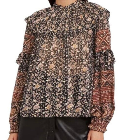 *Ulla Johnson Eleni Silk Metallic Clipdot Floral Ruffle Trim Balloon Sleeve Gathered Neck Top, Size 12