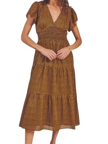 *Trovata Kendall Cotton Floral Flutter Sleeve V-Neck Smocked Bodice Tiered Midi Dress, Size M