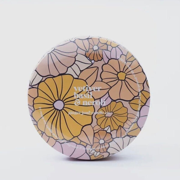 Ginger June Vetiver, Basil, & Neroli Candle in Groovy Floral Tin, 14 oz