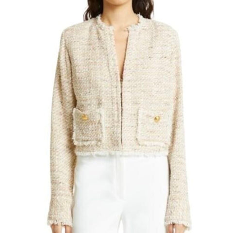 *Ramy Brook Diaz Cotton Tweed Collarless Crew Neck Fringe Trim Lady Jacket, Size 6
