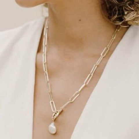 Wander + Lust Lennon Pearl Pendant 14K Gold Fill Toggle Paperclip Chain 20" Necklace
