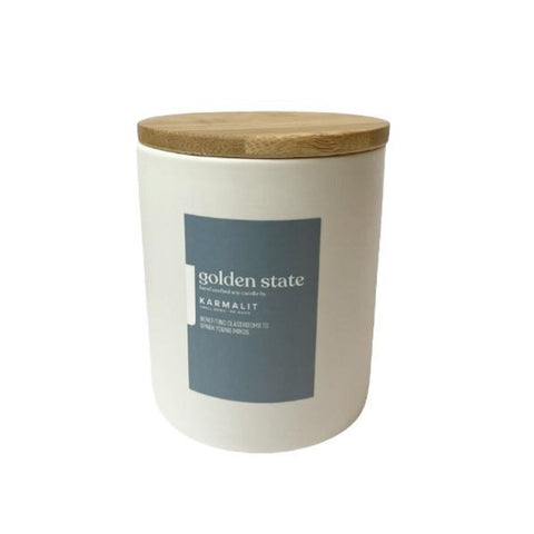 KarmaLit Golden State Candle in White Ceramic Jar: Sandlewood, Vanilla, & Sea Salt, 12 oz.