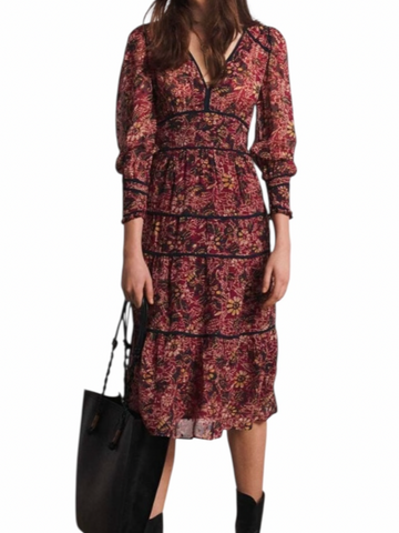*ba&sh Gigi Fall Floral Long Blouson Sleeve V-Neck Contrast Trim Midi Dress, Size M