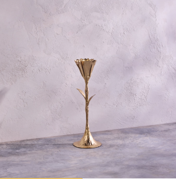 Be Home Gold Floral Brass Metal Medium Candleholder