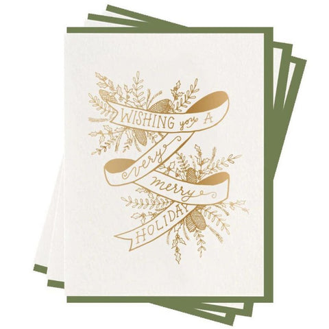 Dahlia Press Holiday Ribbon Foil Boxed Folded Note Cards, Set of 6