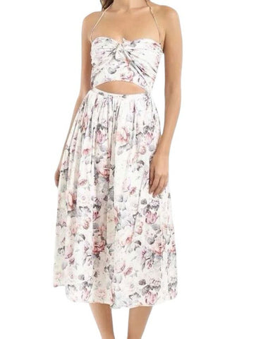 *Zimmermann Jasper Rose Floral Cotton Strapless Tie Front Cutout Midi Dress, Size Z0=US4