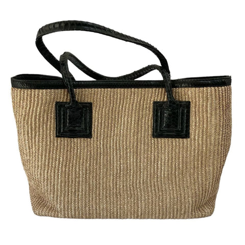 *Kara Ross Elata Straw Leather Trim Dual Top Handles Cotton Lining Tote Bag, OS
