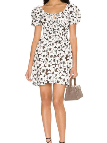 *Faithfull the Brand Calabria Linen Floral Short Puff Sleeve Elastic Scoop Neck Mini Dress, Size 6