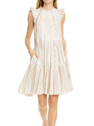 Sea NY Harriet Cotton Metallic Stripe Flutter Sleeve Ruffle Neck Tiered Mini Dress, Size 2