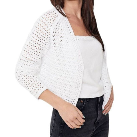 *White + Warren Italian Recycled Cotton Crochet V-Neck Button-Up Cropped Cardigan, Size M