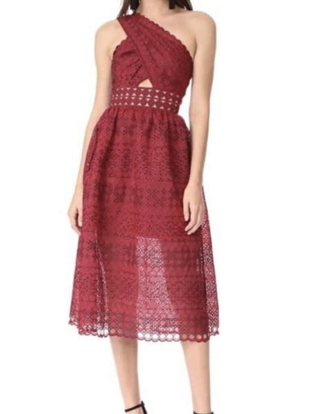 *Self-Portrait Eyelet Lace Sleeveless One Shoulder Cutout Full Skirt Midi Dress, Size 4(S)