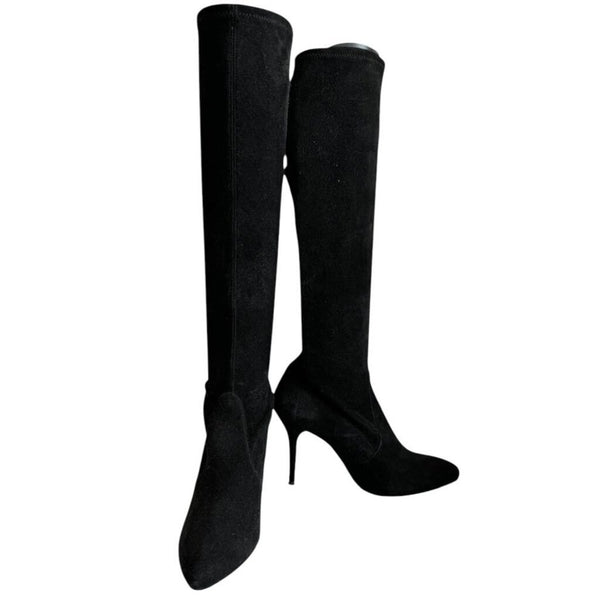 ^Stuart Weitzman Suede Pointed Toe Pull-On Stiletto Heel Knee High Boots, Size 8