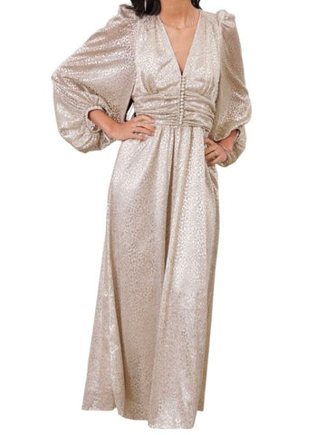 *ba&sh Celie Metallic Leopard Long Sleeve Deep V-Neck Maxi Dress NWT, Size XS