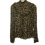 ba&sh Frida Chiffon Leopard Long Sleeve Smocked Mock Neck Ruffle Top, Size BS1 (US6)