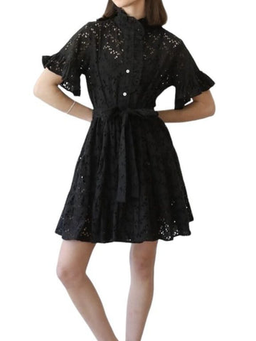 *Mille Violetta Cotton Eyelet Short Bell Sleeve Ruffle Button Neck Belted Mini Dress, Size S