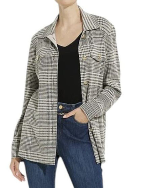 *NWT Joseph Ribkoff Bianca Jacquard Plaid Knit Long Sleeve Collared Button-Up Shacket, Size 6(S)