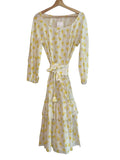 *Anna Mason Cotton Banana Print Long Sleeve Boat Neck Tie Belt Tiered Maxi Dress, Size 10