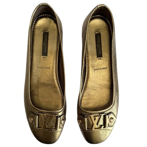 ^Louis Vuitton Metallic Leather 1/2" Metal Heel Ballet Flats with Metal LV Logo Toe, Size 36