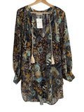 *Ulla Johnson Biarritz Cotton Floral Long Puff Sleeve Tassle Tie Split Neck Tunic Mini Dress, Size S