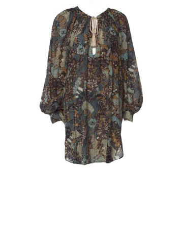 *Ulla Johnson Biarritz Cotton Floral Long Puff Sleeve Tassle Tie Split Neck Tunic Mini Dress, Size S