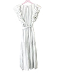 *Rebecca Taylor Cotton Stripe Flutter Sleeve V-Neck Tie-Waist Tiered Midi Dress, Size 8