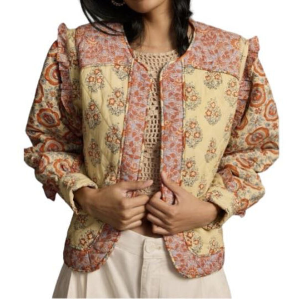 *NWT Llani Cotton Quilted Patchwork Floral Long Sleeve Collarless Ruffles Kimono Jacket, Size M/L