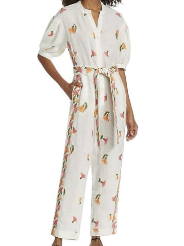 *NWT Hannah Jaya Linen Embroidered Puff Sleeve Button Split Neck Belted Jumpsuit, Size H2(M)
