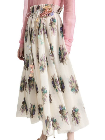 *Zimmerman Micro Pleated Organza Floral Frilled Elastic Waist Flower Tassel Belt Midi Skirt, Size Z0=US4