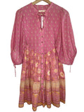 *Spell Utopia Cotton Floral Blockprint Puff Sleeve Tie Split Neck Button-Up Mini Dress, Size XS