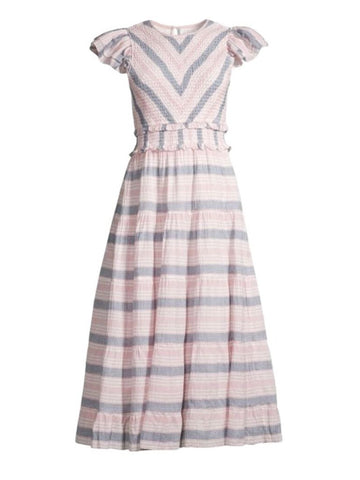 *SAYLOR Alanna Cotton Stripe Flutter Sleeve Crewneck Smocked Tiered Midi Dress, Size M