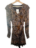 *Marie Oliver Georgette & Chiffon Abstract Ruffle Trim Long Sleeve V-Neck Belted Mini Dress, Size XS