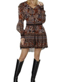 *Marie Oliver Georgette & Chiffon Abstract Ruffle Trim Long Sleeve V-Neck Belted Mini Dress, Size XS