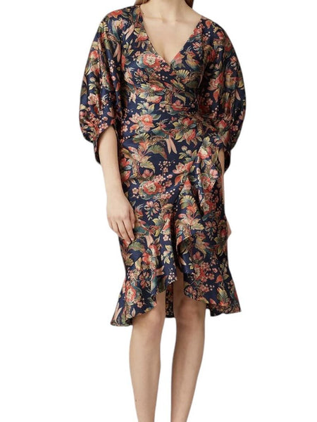 *Sachin & Babi Fabienne Floral 3/4 Sleeve Surplice Faux Wrap Ruffle Hem Mini Dress, Size 2