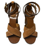 *Gucci Lifford Suede & Leather Crossover Strap 4.5" Block Heel Ankle Wrap Sandals, Size 38.5