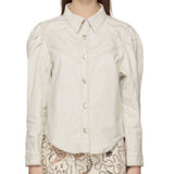 *Isabel Marant Leona Cotton & Linen Denim Long Puff Sleeve Collared Button-Up Shirt, Size FR38=US6