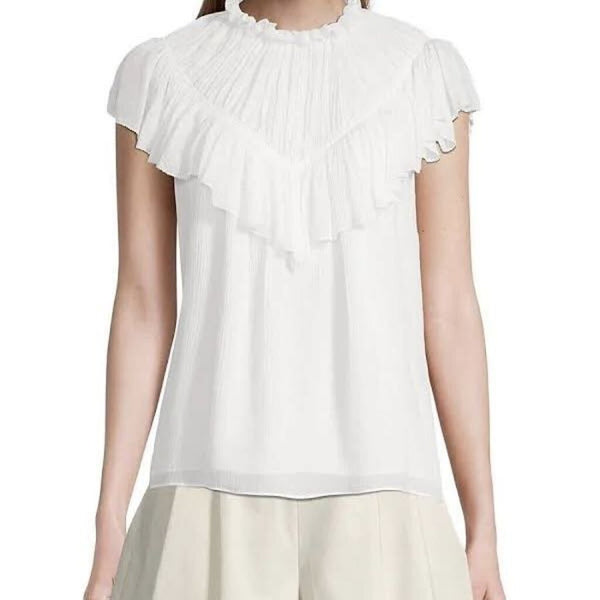 *NWT Rebecca Taylor Cotton & Silk Pleated Chiffon Flutter Sleeve Ruffle Neck Top, Size M