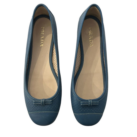 *Prada Perforated Leather Round Toe Bow Trim Ballet Flats, Size 36