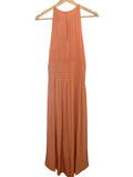 *Ramy Brook Mel Satin Stud Trim Sleeveless Halter Neck Smocked Waist Midi Dress, Size M