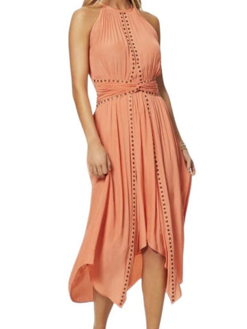 *Ramy Brook Mel Satin Stud Trim Sleeveless Halter Neck Smocked Waist Midi Dress, Size M