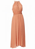 *Ramy Brook Mel Satin Stud Trim Sleeveless Halter Neck Smocked Waist Midi Dress, Size M
