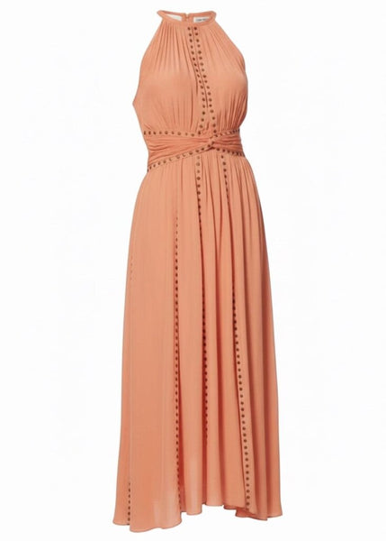 *Ramy Brook Mel Satin Stud Trim Sleeveless Halter Neck Smocked Waist Midi Dress, Size M