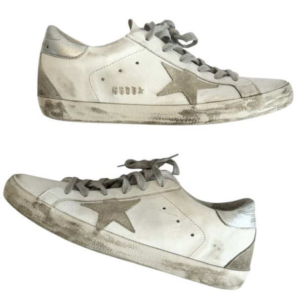 ^Golden Goose Superstar Leather Silver Heel Cap Suede Star Low-Top Sneakers, Size 40